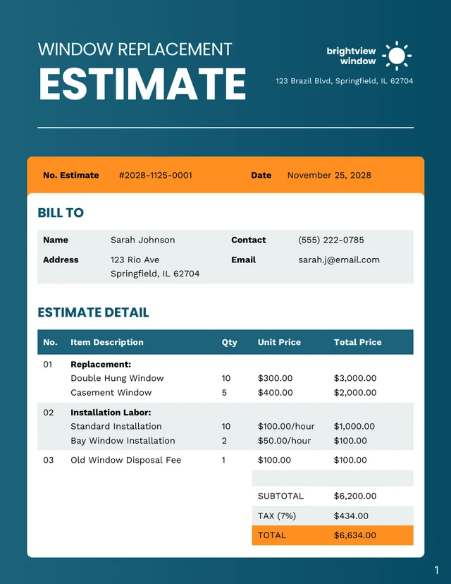 Window Replacement Estimate Template - Page 1