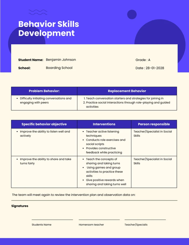 Purple Behavior Plan Skills Development Template