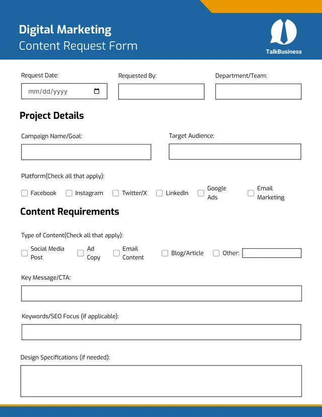 Simple Blue and Orange Digital Marketing Content Forms Template