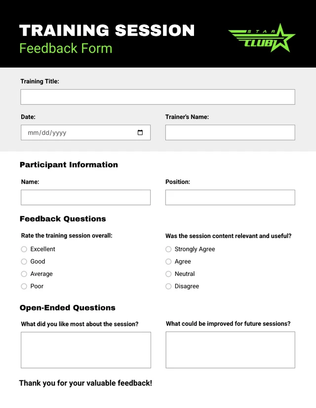 Training Session Feedback Form Template