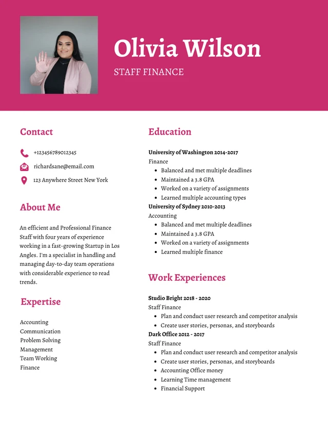 Dark Pink And White Clean Feminine Professional Finance Resume Template
