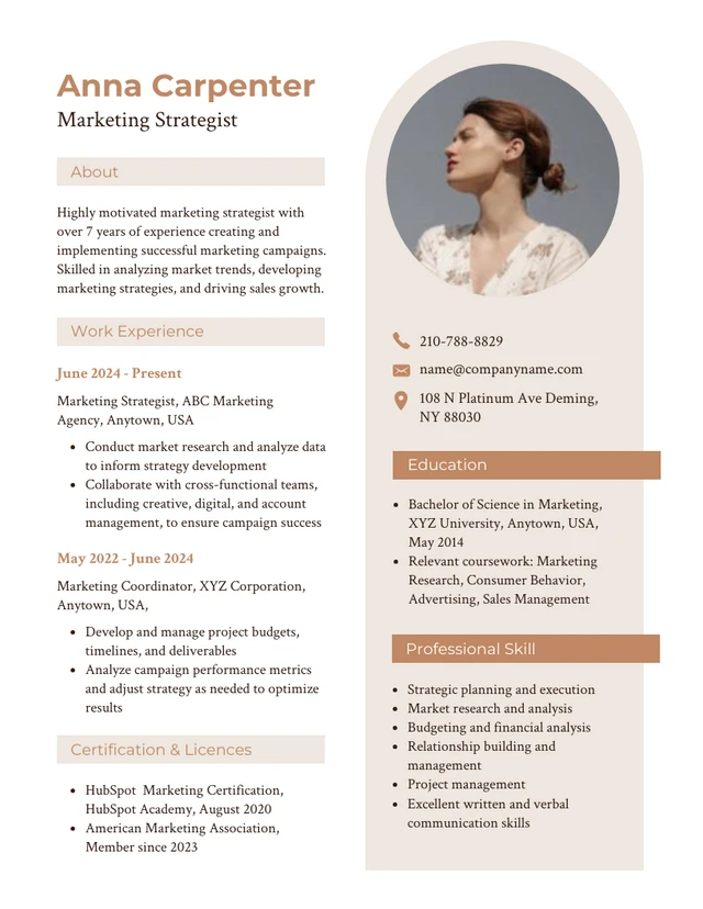 White and Beige Minimalist Marketing Strategist Resume Template
