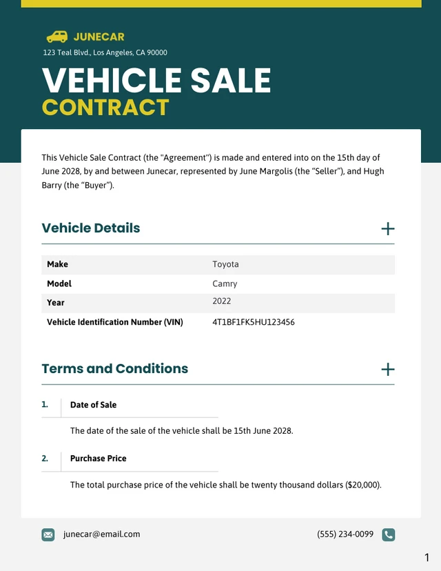 Vehicle Sale Contract Template - Page 1