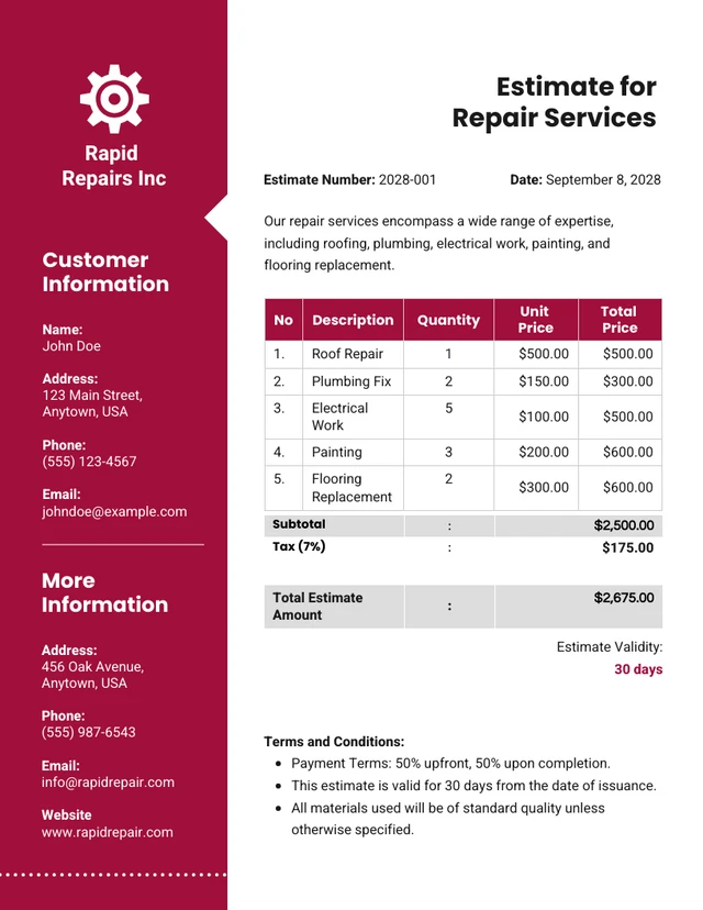 Maroon and White Minimalist Modern Repair Estimate Template