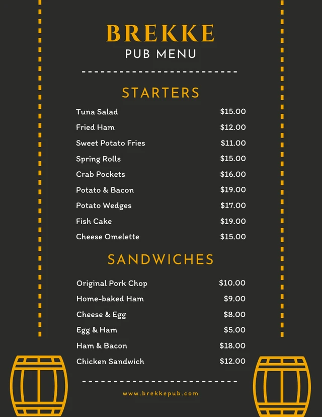 Black And Yellow Simple Pub Menu Template