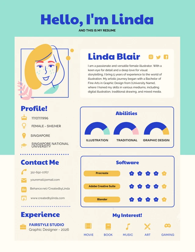 Colorful Cute Illustrator Infographic Resume Template