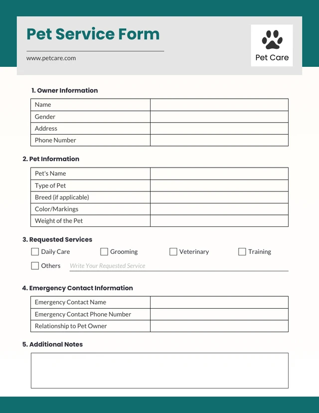 Green Minimalist Pet Service Form Template