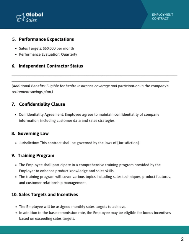 Commission Based Employment Contract Template - Page 2