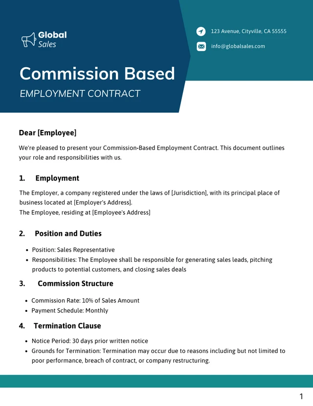 Commission Based Employment Contract Template - Page 1