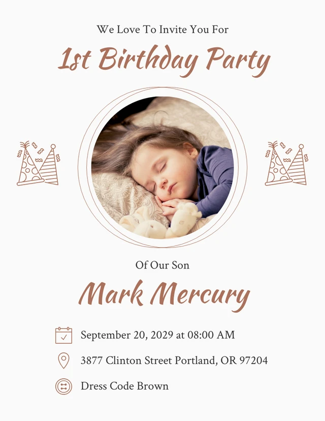 White And Brown Simple Minimalist Baby 1st Birthday Invitation Template