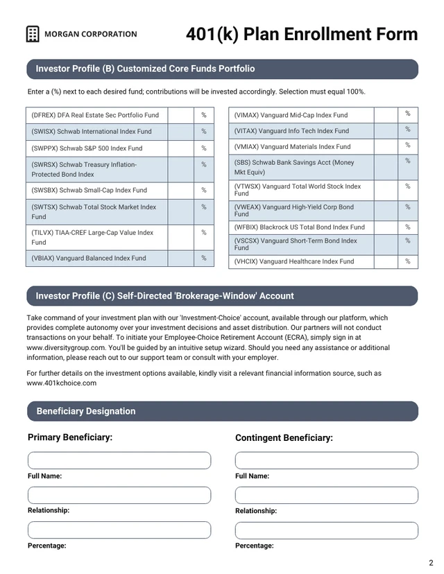 Printable 401(k) Enrollment Form Template - Page 2