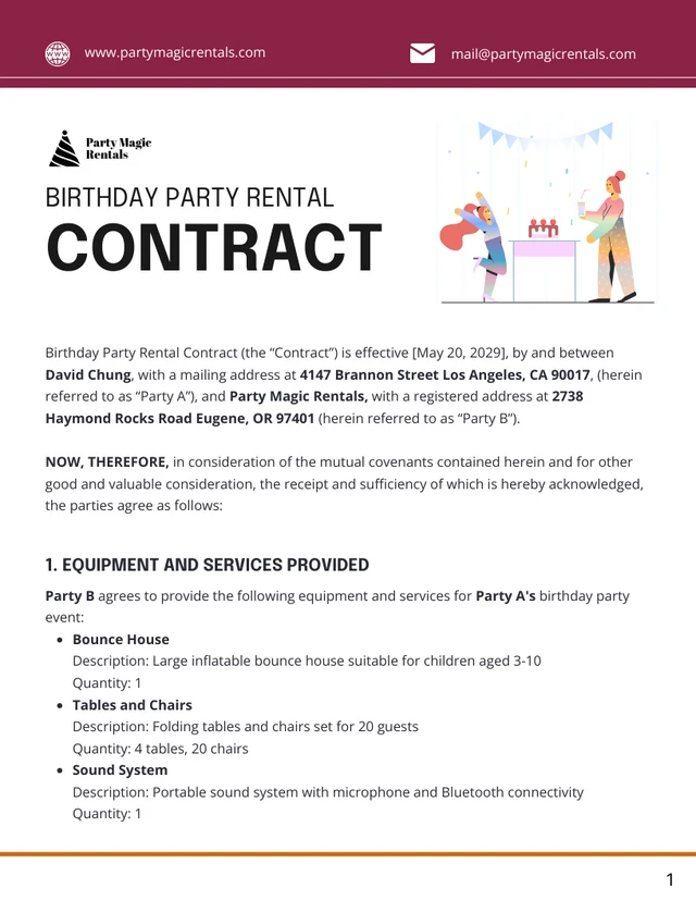 Birthday Party Rental Contract Template - Page 1