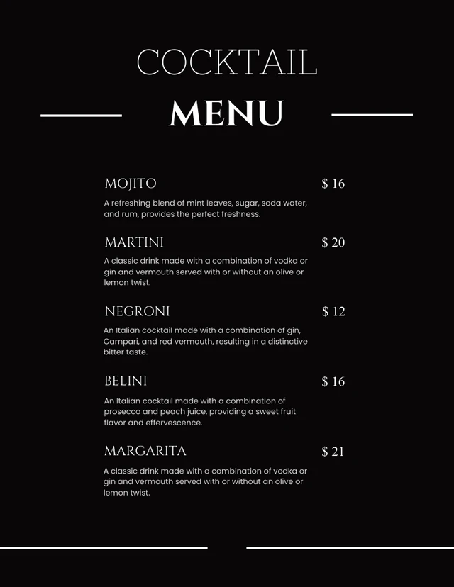 Black & White Simple Minimalist Design Cocktail Menu Template