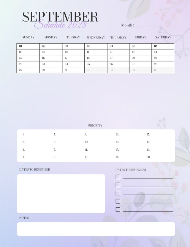 Gradient Purple September Schedule 2028 Flyer Template