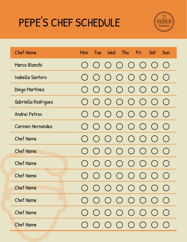 Restaurant Staff Chef Schedule Template