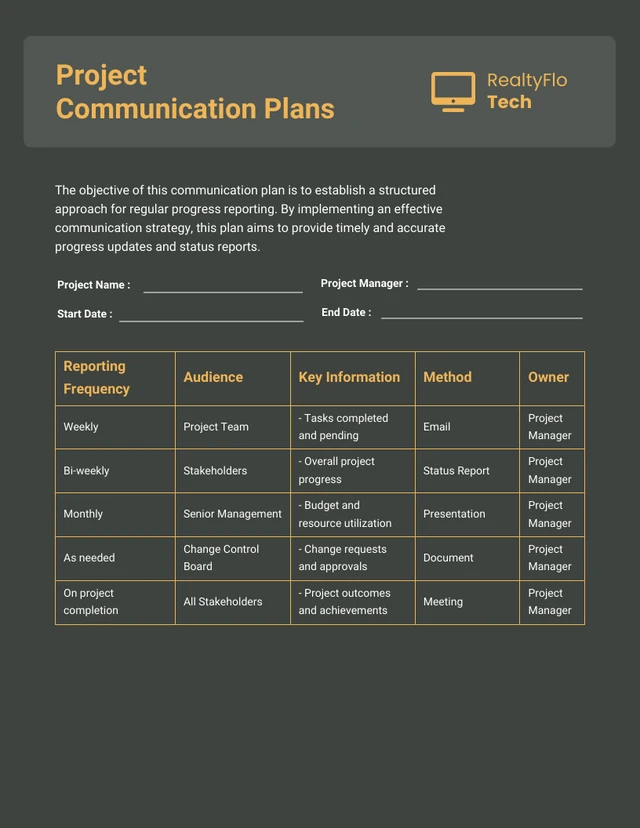 Dark Green Yellow Project Communication Plan Template