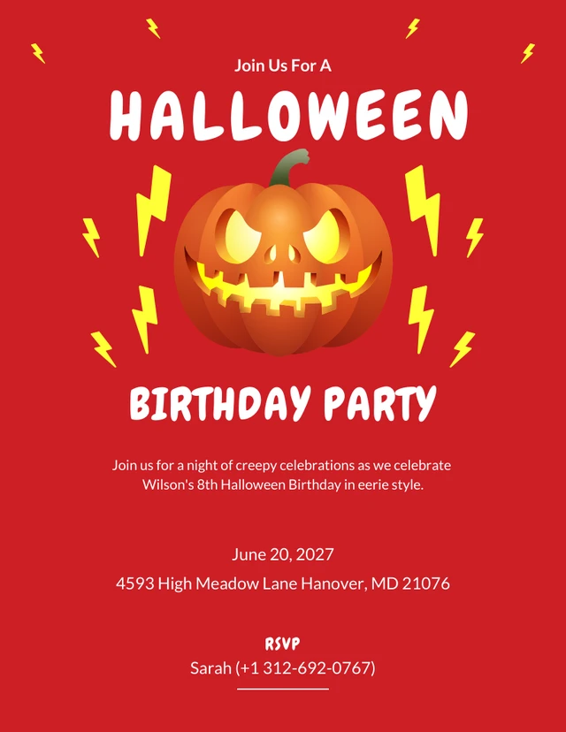 Red And Yellow Thunder Halloween Birthday Invitation Template