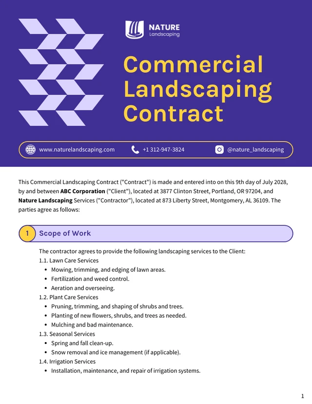 Commercial Landscaping Contract Template - Page 1