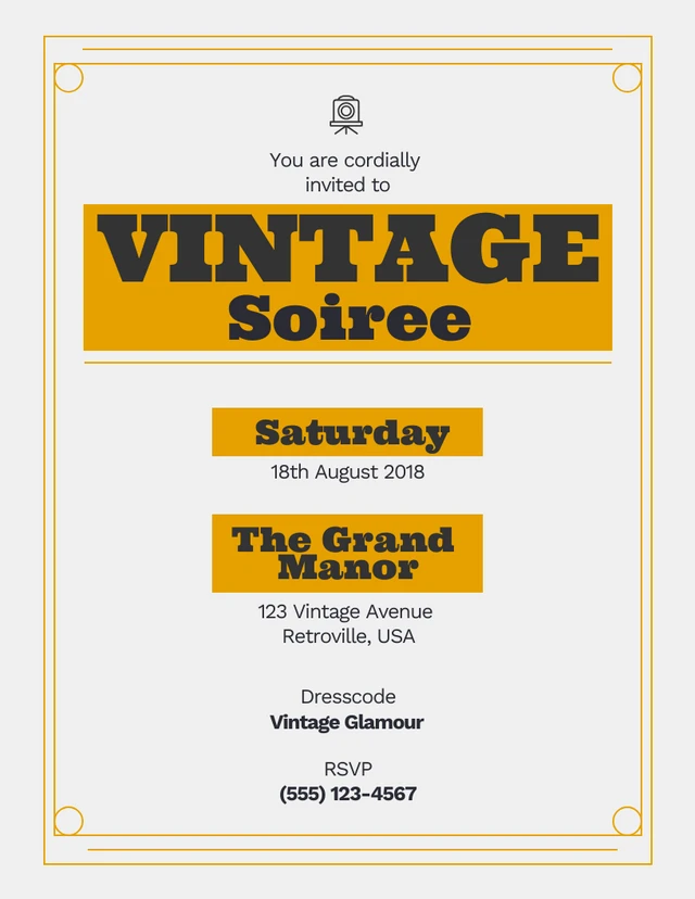 Simple Grey Yellow Vintage Soiree Invitation Template