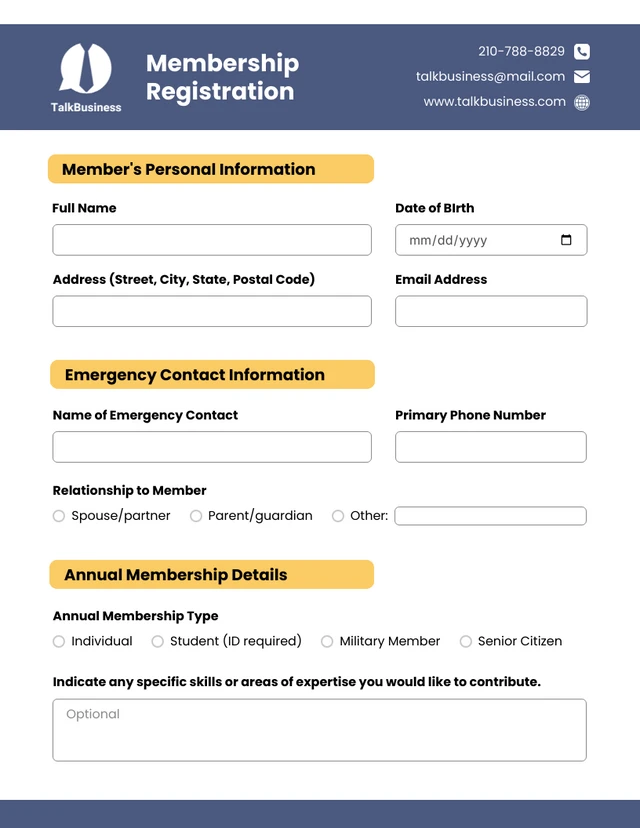 Blue and Yellow Membership Form Template