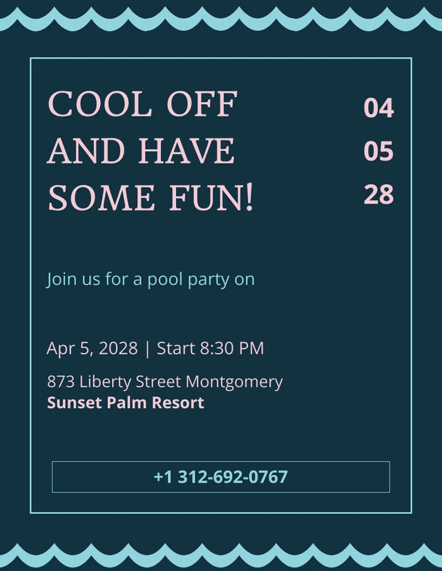 Simple Blue Minimalist Waves Pool Party Invitation Template