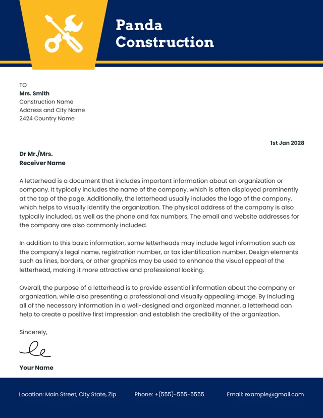 Blue And Yellow Modern Construction Letterhead Template
