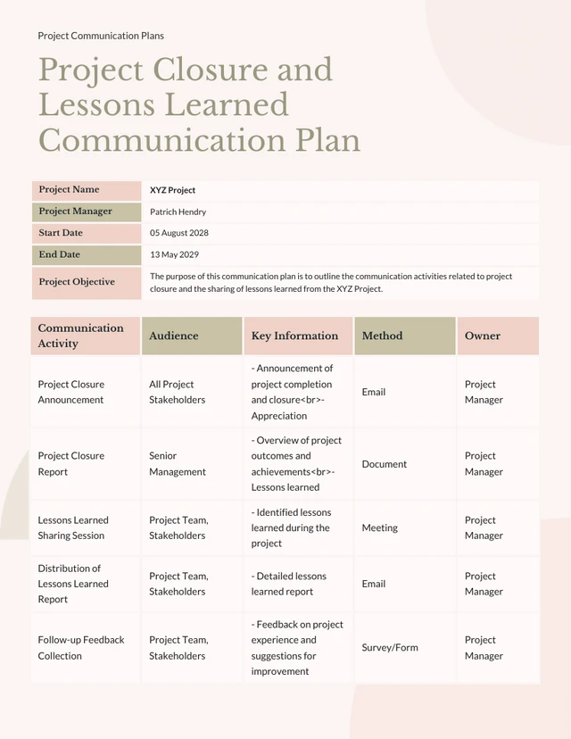 Aesthetic Project Communication Plans Template