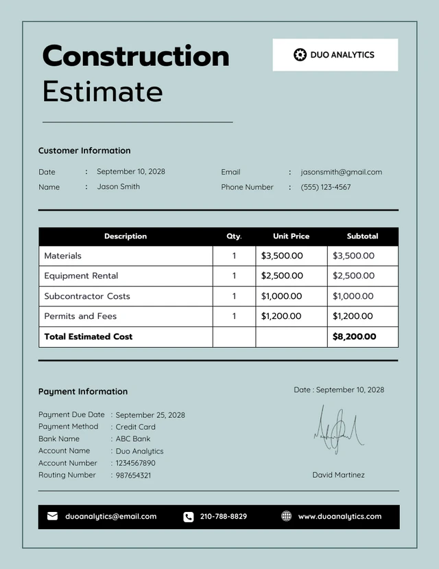 Simple Construction Estimate Template