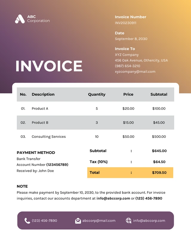 Gradient Purple Yellow and White Minimalist Business Invoice Template