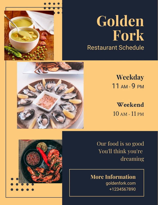 Golden Dark Blue Restaurant Schedule Flyer Template