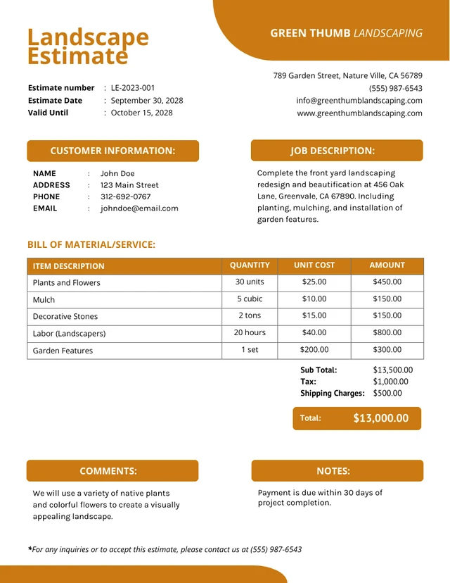 Simple Orange Landscape Estimate Template