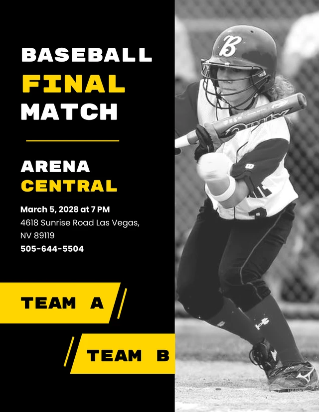 Black and Yellow Bold Baseball Match Poster Template
