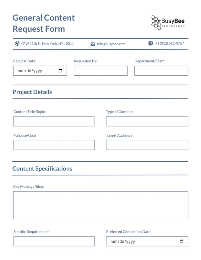 Blue White Minimalist Content Request Forms Template