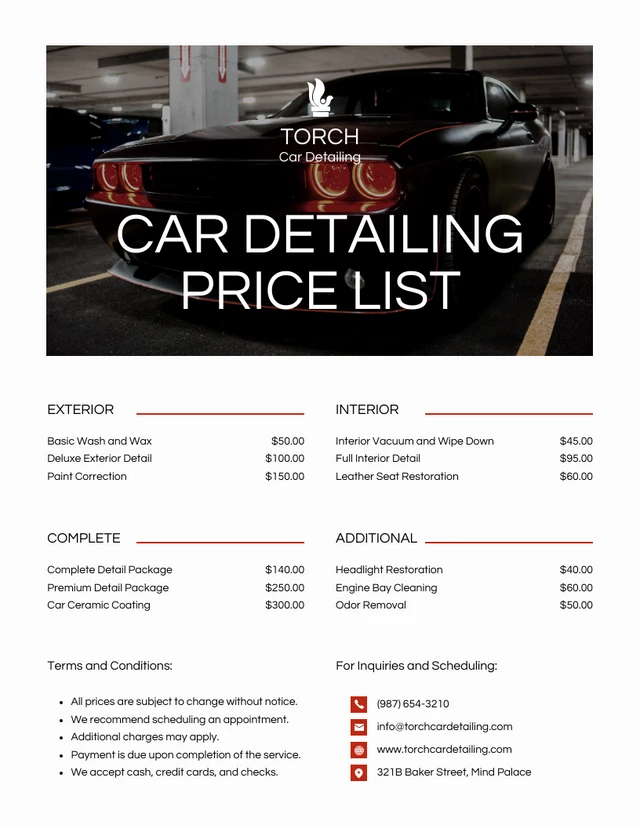 Modern Red and White Car Detailing Price Lists Template