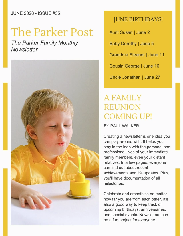 White And Yellow Simple Family Newsletter Template