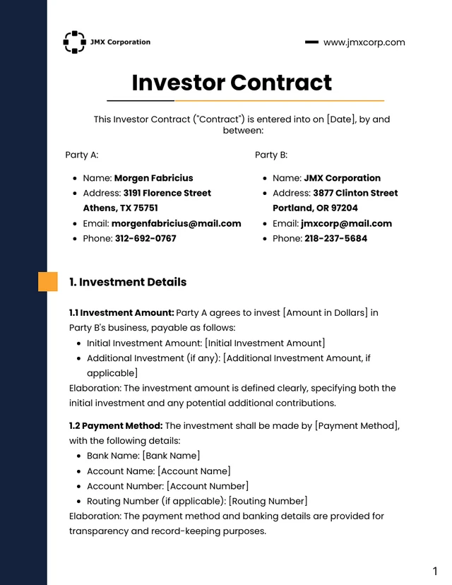 Yellow and Navy Blue Investor Contract - Page 1