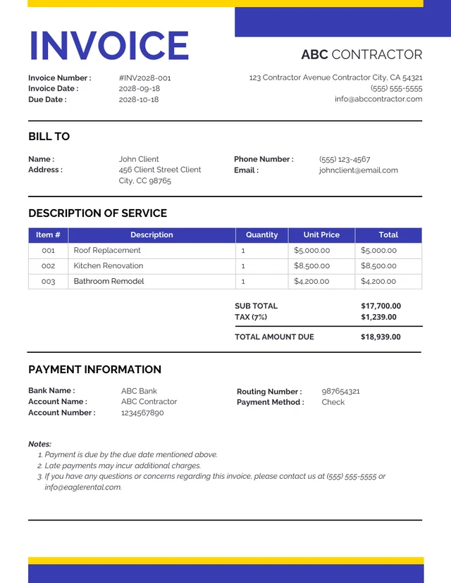 Simple Clean Yellow and Blue Contractor Invoice Template