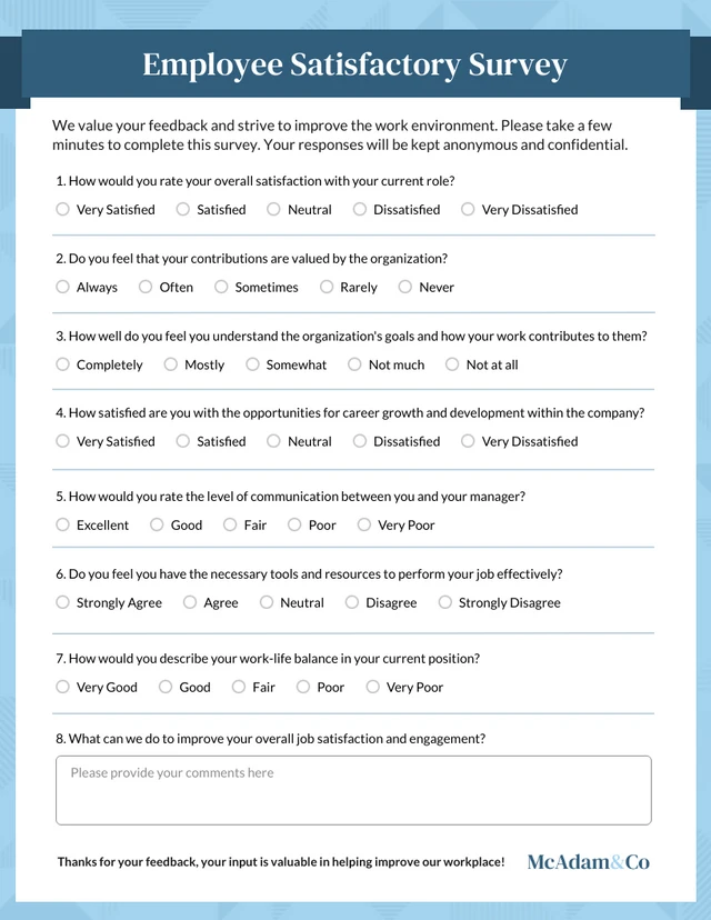 Employee Engagement Satisfactory Survey Form Template - Page 1