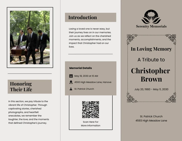 Simple Brown Funeral Tri-fold  Brochure - Page 1