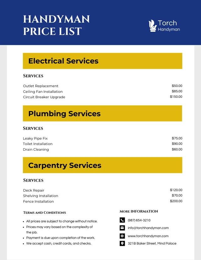 Minimalist Modern Blue and White Handyman Price Lists Template