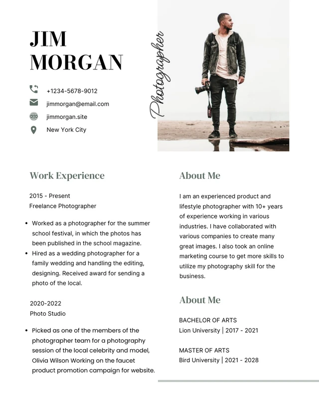 Black And White Simple Clean Minimal Street Photographer Resume Template
