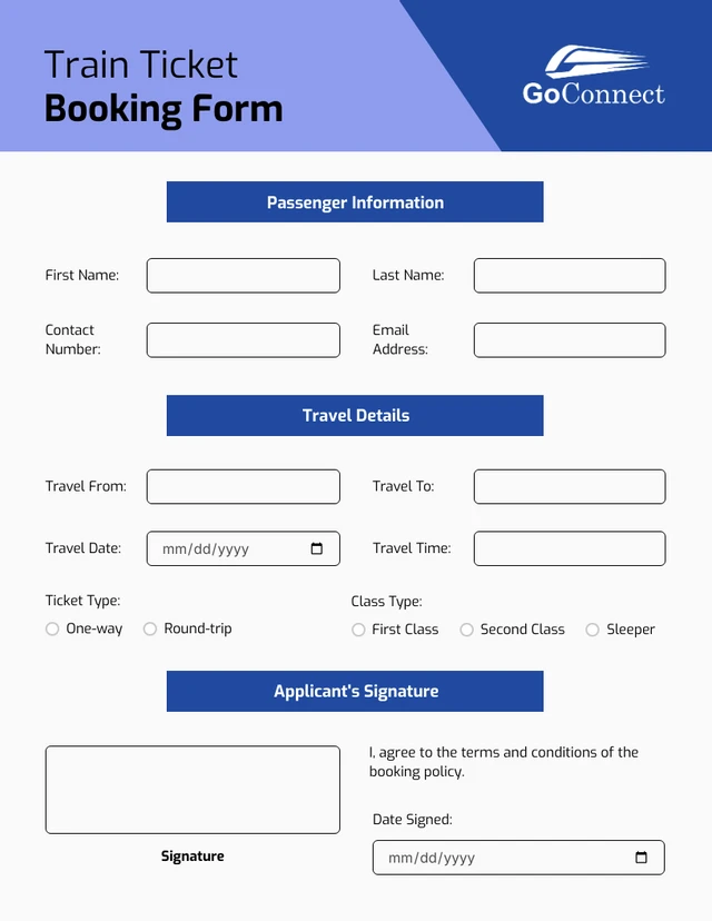 Simple Blue Booking Forms Template