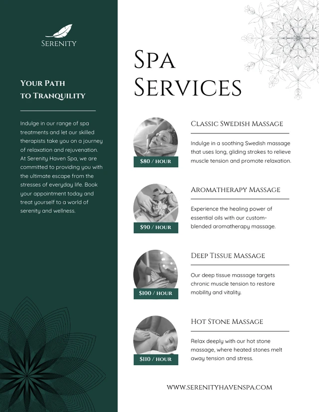 Elegant Emerald Green SPA Price Lists Template