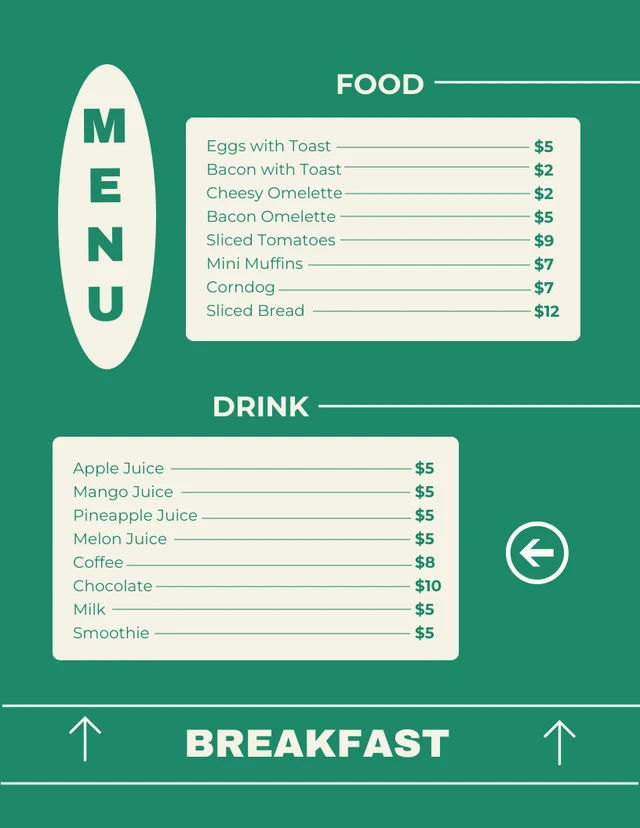 Green And Beige Simple Breakfast Menu Template