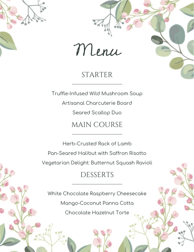 White Minimalist Aesthetic Illustration Wedding Menu Template