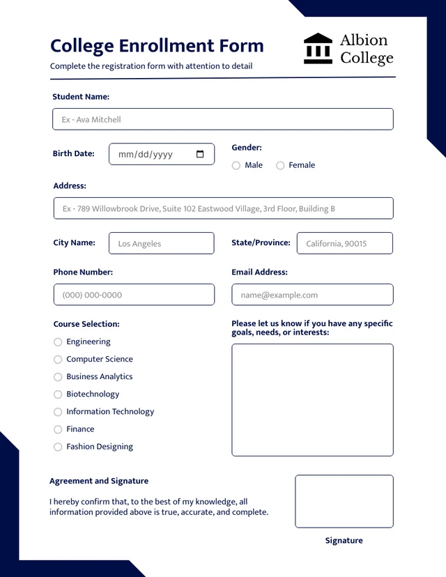 Simple Navy College Enrollment Forms Template