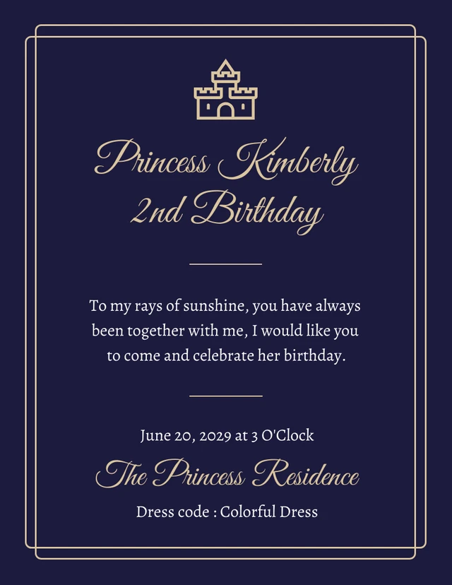 Navy And Gold Modern Minimalist Luxury Princess Birthday Invitation Template