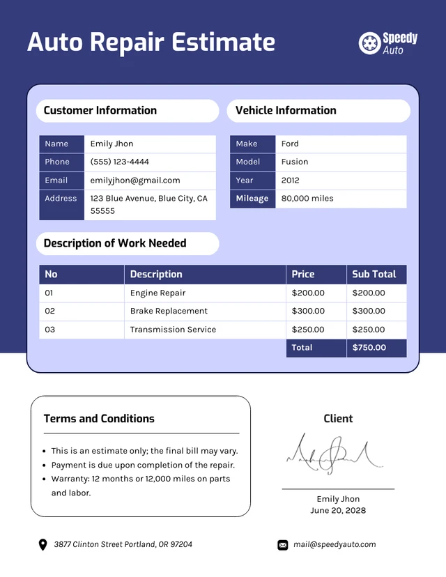 Auto Repair Estimate Template