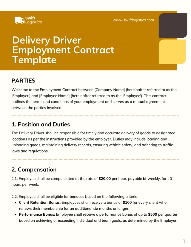 Delivery Driver Employment Contract Template - Page 1