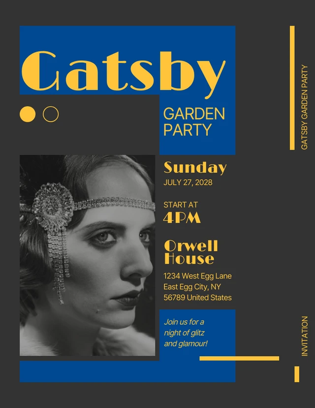 Retro Dark, Yellow & Blue Gatsby Invitation Template